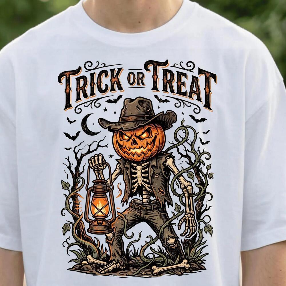 Trick Or Treat Halloween Shirt, Pumpkin Head Scarecrow Skeleton